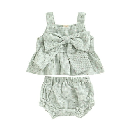 

Infant Baby Girl 2 Pcs Outfits Newborn Summer Suit Plaid Pattern Floral Printed Bowknot Suspender Tops Shorts Set 0-18M