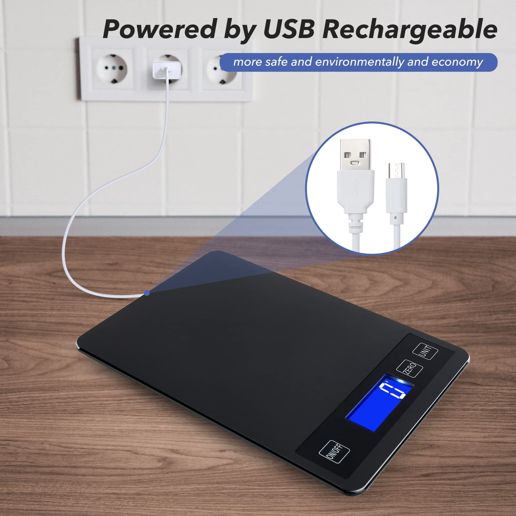 33lb Food Kitchen Digital Scale,1g/0.05oz Precise Graduation, USB Charging Kitchen Scale, Waterproof Stainless Steel with LCD Display, Ounces and Grams for Weight Loss, Cooking, Baking (silvery)