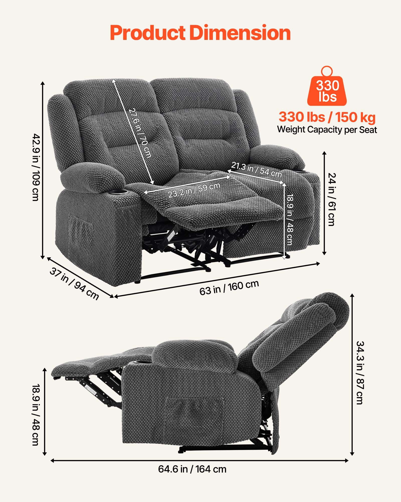 VEVOR Loveseat Recliner Sofa,Manual Reclining Couch with Heating and Massage, Soft Corduroy Recliner Sofa with USB Ports, Cup Holders and Side Storage Bags, Dual Loveseat Chair for Living Room, Grey