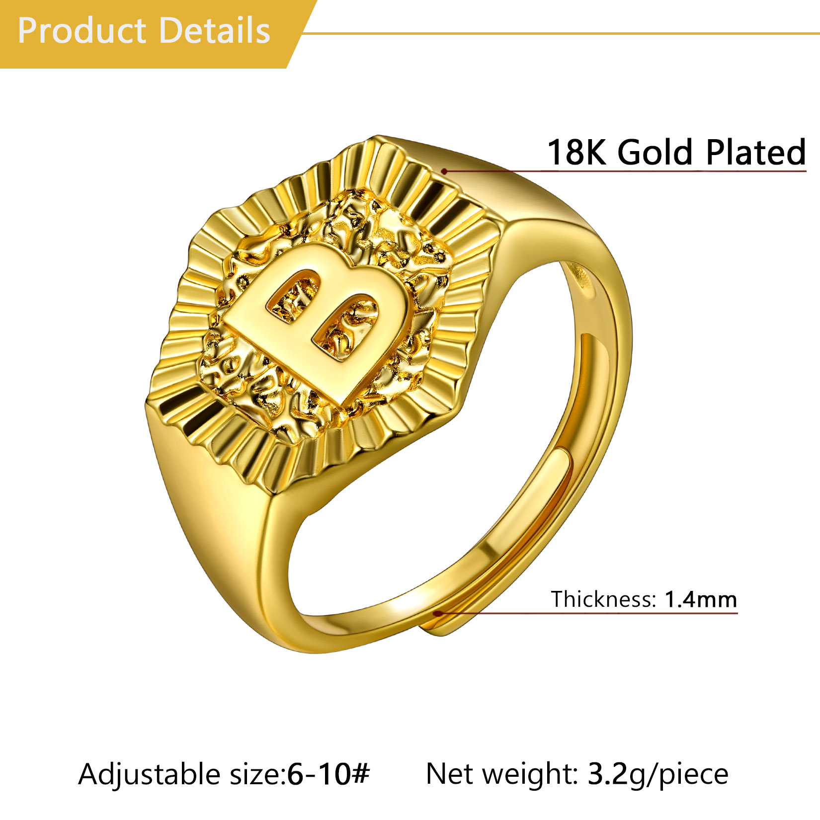 U7 Initial Ring 18K Gold Plated Hexagon Letter A-Z Stackable