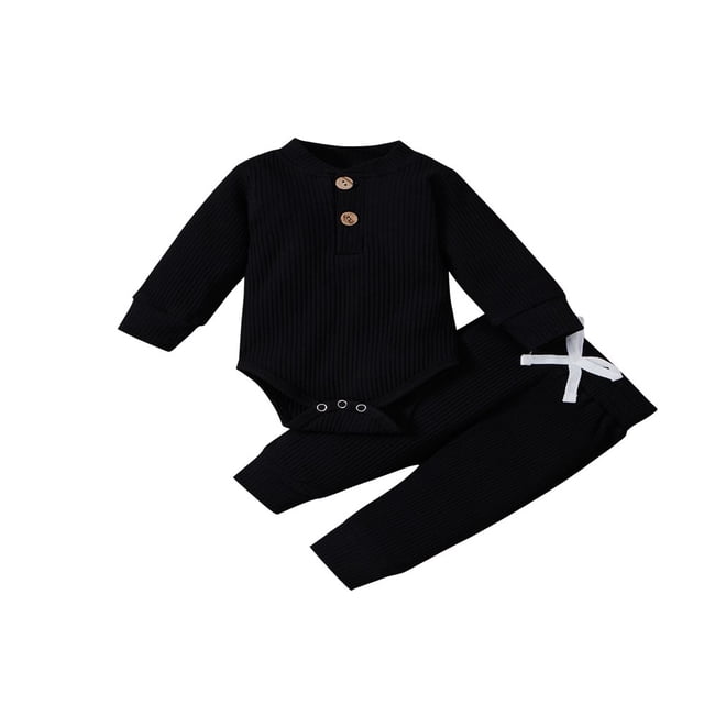 Newborn Baby Girl Boy Spring Fall Clothes Ribbed Cotton Solid Color Long Sleeve Romper Jumpsuit+Pants Outfits Set