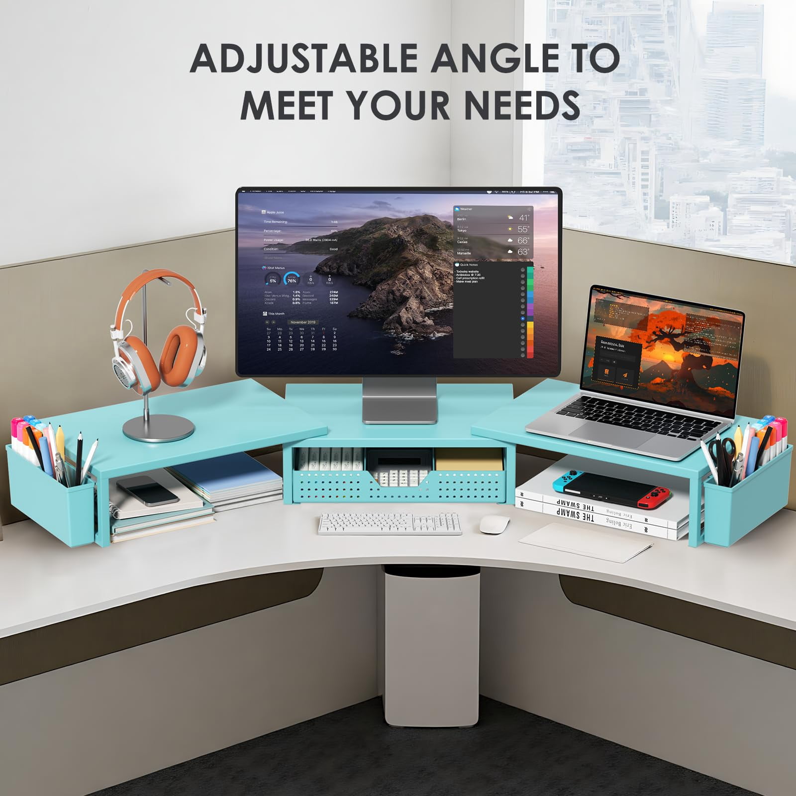 Desk Organizers And Accessories  Dual Monitor Stand Riser With Drawer 2 Pen Holders Shelf Metal Computer For Office Workspace Desktop Organization (blue Metal)