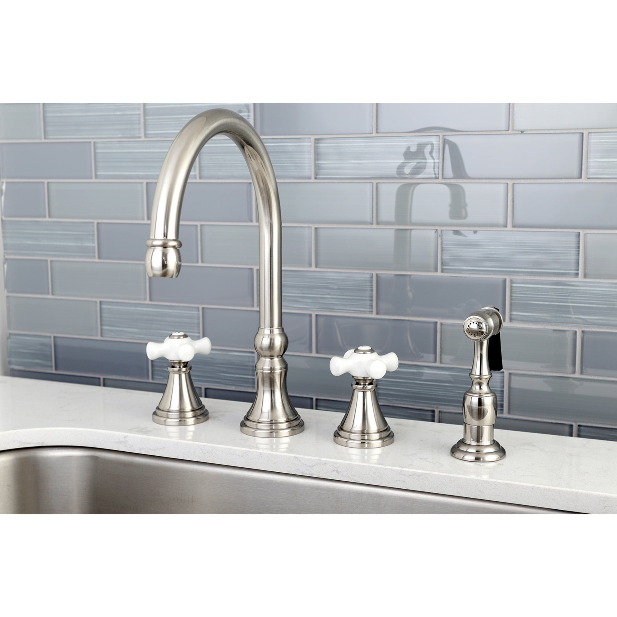Kingston Brass KS2798PXBS Governor Double-Handle 4-Hole Widespread Kitchen Faucet with Brass Sprayer in Brushed Nickel