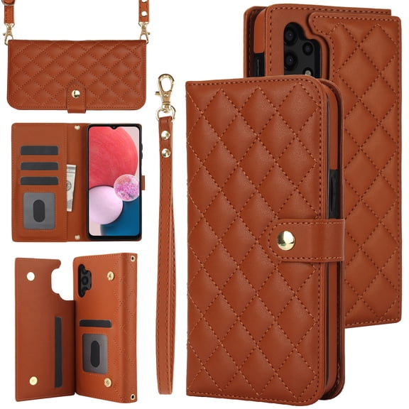 TECH CIRCLE Folio Faux Leather Case for Samsung Galaxy A55 (6.6") 2024 - Protective Stylish Phone Case, Built-in Stand & Card Slots & Wrist Strap & Button Closure, Lightweight Portable Cover, Brown