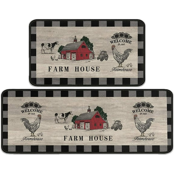 Farmhouse Buffalo Plaid Kitchen Rugs Rustic Decor Cow Set of 2, Black and Grey Washable Runner Rug Decoration Farmhouse Kitchen Mat 17"x 47" 17"x 30"
