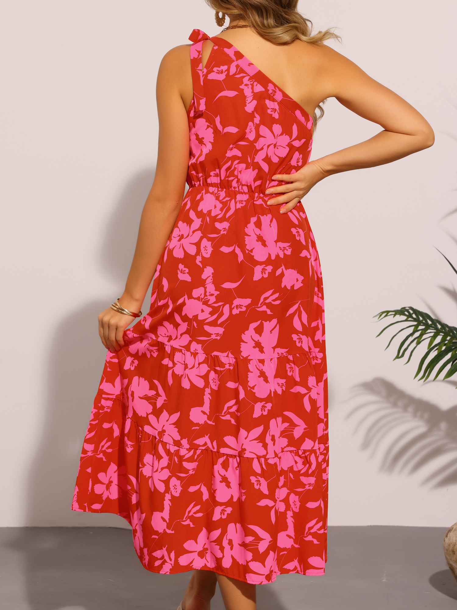 DARING DIVA Floral Midi One Shoulder Sleeveless Boho Dress L Hot Pink