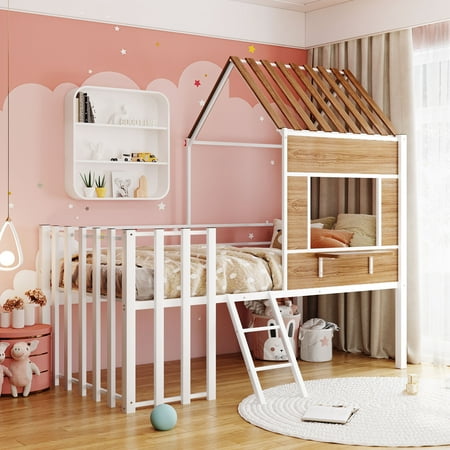 Jump Into Fun Metal Twin Bed  Loft Bed Frame with Storage Shelf  Guardrail  Ladder  Roof and Window  House Bed for Kids Toddlers Girls/Boys  Space-Saving  Metal Bed No Noise  (White)