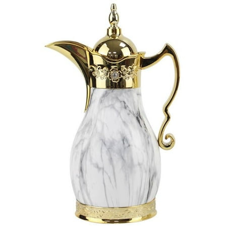 

1-Liter Aladdin Lamp Style Arabic Middle Eastern Coffee Tea Hot Cold Water Vacuum Insulated Flask Kettle Glass liner White Marble Gold Color