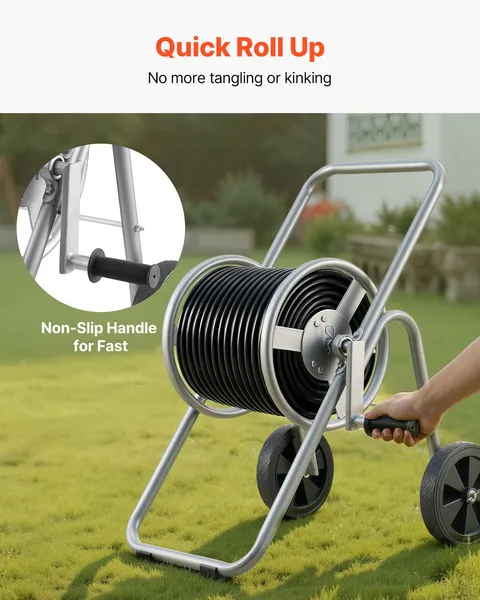 Heavy Duty Powder Coated Steel Garden Hose Reel Cart with Wheels Holds 175 ft of 5/8 Inch Hose Mobile Outdoor Yard Lawn Planting Tool