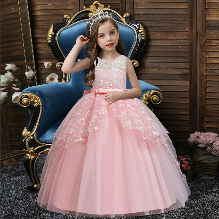 Godderr Girls Flower Princess Dress for Kids Princess Dress Wedding Bridesmaid Pageant Party Formal Long Dress Big Little Princess Birthday Bowknot