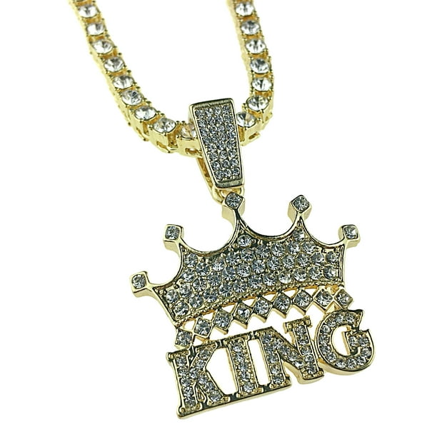 Crown King Pendant Tennis Chain Gold Finish One Row Bust Down Iced Hip Hop Necklace 24" Inch