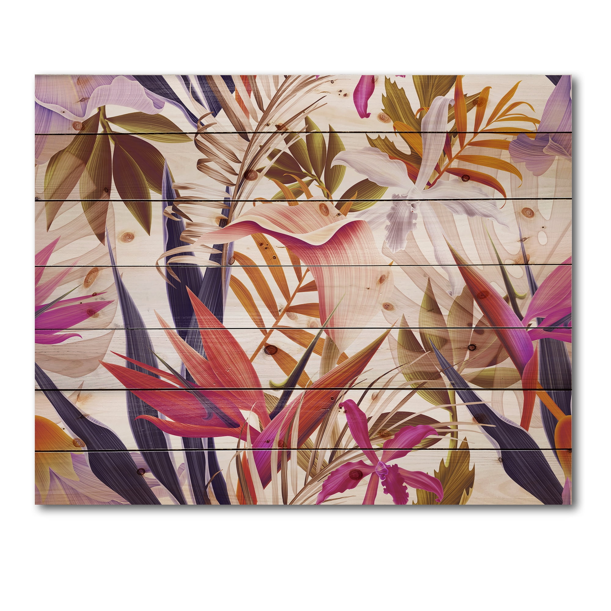 Designart 'VIntage Tropical Flowers III' Traditional Print on Natural Pine Wood