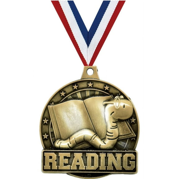 Reading Bookworm Medals, 2" Gold Diecast Reading Bookworm Medal Award 1 Pack
