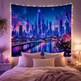 thumbnail image 2 of Blue and Magenta Neon City Across Reflective Water, Serene Digital Art for Cityscape Fans, Urban Wall Art, Housewarming Gift, Tapestry Wall Hanging for Bedroom and Studio, 2 of 7