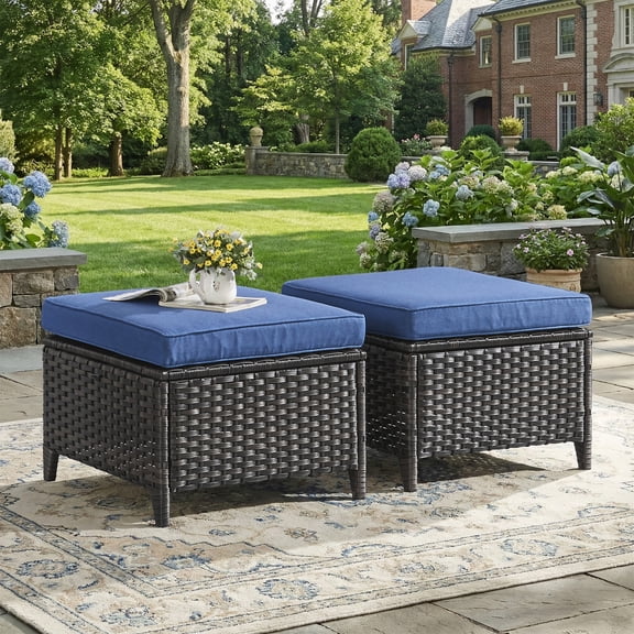 Unnifurnzi Outdoor Ottoman Set of 2-All Weather Wicker Outdoor Footstool with Removable Cushions Outdoor Olefin Fabric Patio Ottoman for Deck Porch Balcony Garden-Brown/Blue