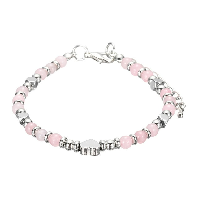 Pulsera de Cuentas para Mujeres 4mm Pulsera de Amistad con Corazón Pequeño 6-7.9 pulgadas, Rosa