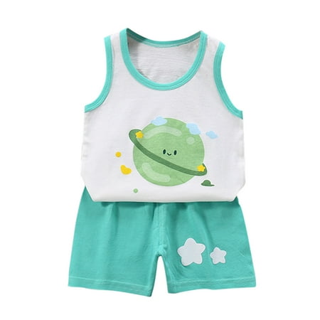 

IROINNID Toddler Kids 2PCS Suit Summer Cartoon Print Sleeveless Tank Top With Casual Shorts Outfits