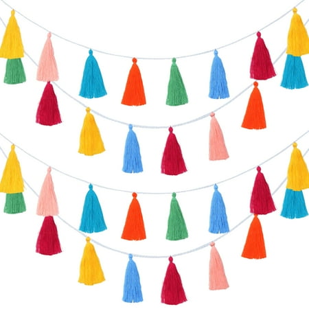4 Pieces Tassel Garland Boho Tassel Banner Pom Pom Garland Christmas Garland Banner Colorful Garland for Christmas School Fiesta Party Decor Birthday Baby Shower(Tassel in 6.3 Inches)