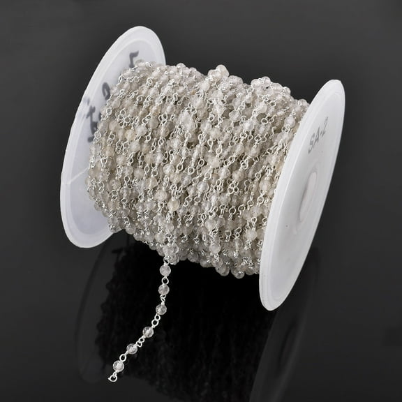 QNAVIC Natural Clear Quartz Gemstone Handmade Beaded Stone Rosary Chains with 3mm Beads Jewelry Making DIY Accessories 925 Sterling Silver Rosary Chain Hand Craft (1 feet)