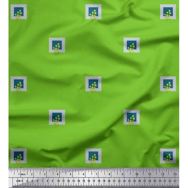Soimoi Green polyester Crepe Fabric Boxes & Artistic Leaves Fabric Prints By Yard 52 Inch Wide