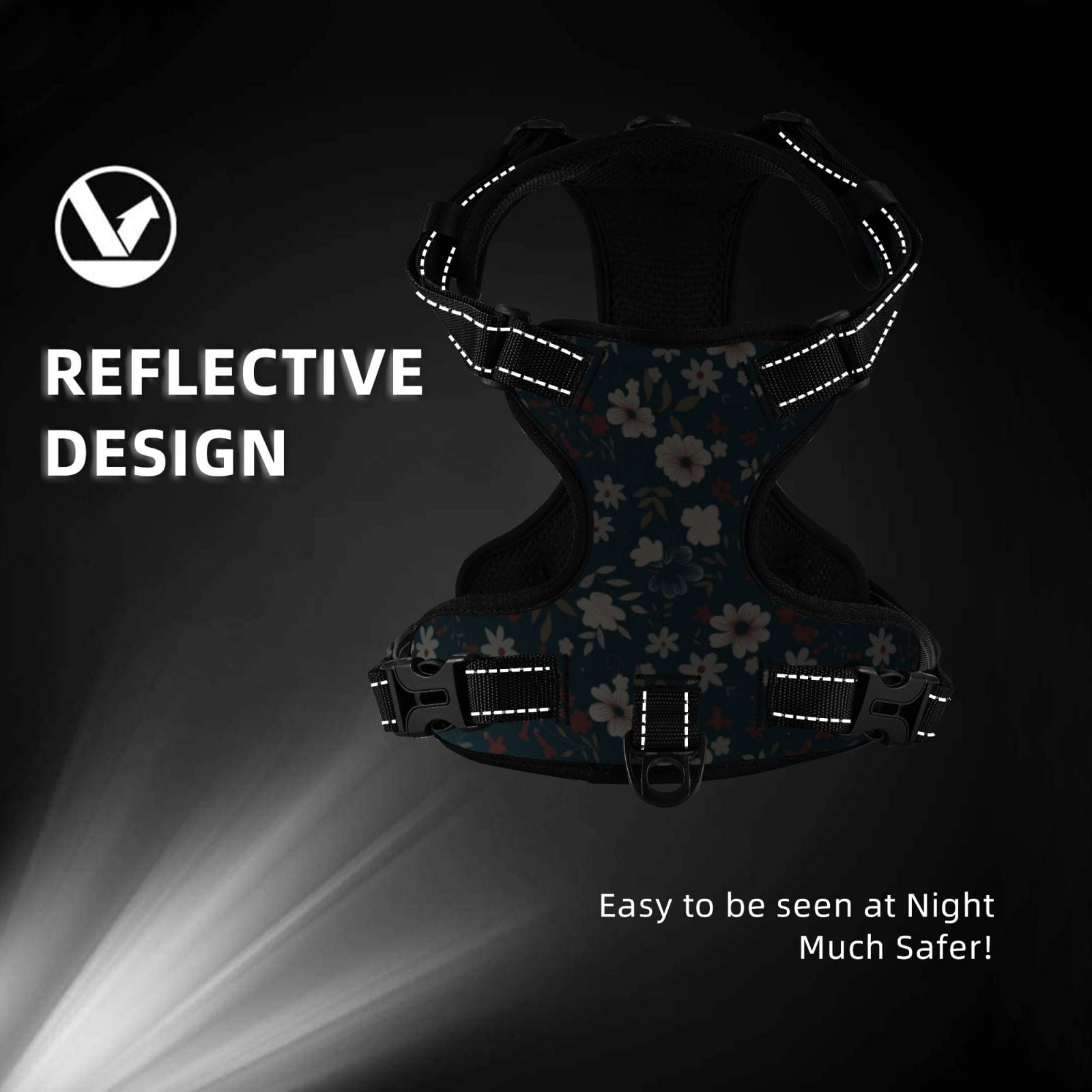 Kdxio Vintage Floral Print No Pull Dog Harness Adjustable Reflective Oxford Easy Control Medium Large Dog Harness for Training and Everyday-X-Large