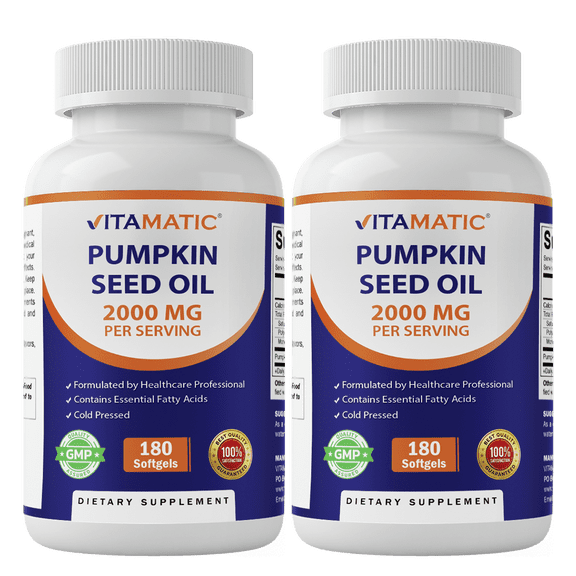 2 Pack - Vitamatic Pumpkin Seed Oil 2000mg Softgel Capsules per serving - 180 Softgels - (1000 mg per Softgels) (Total 360 softgels)