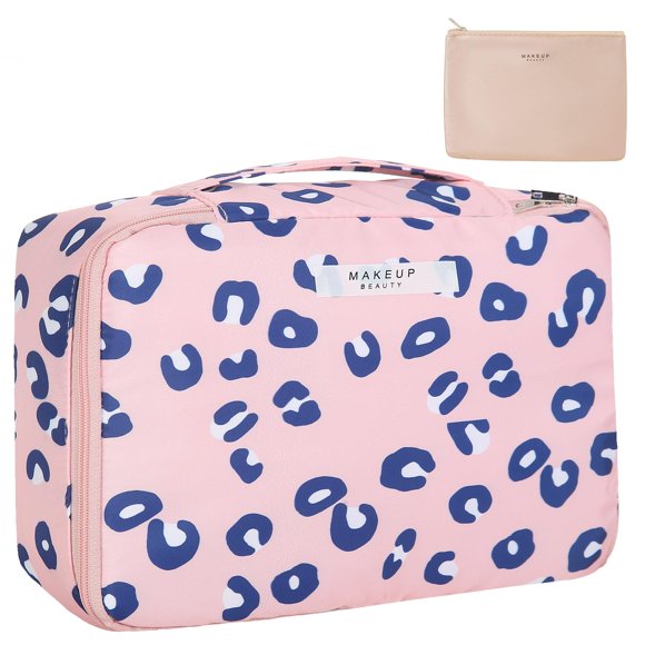 Neceser de viaje para maquillaje y cosméticos, ideal para mujeres y hombres (leopardo rosa)