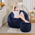 thumbnail image 4 of Giant Faux Fur Bean Bag Chair, Oversized Pumpkin-Shaped Floor Sofa Couch in Dark Blue, 4 of 6