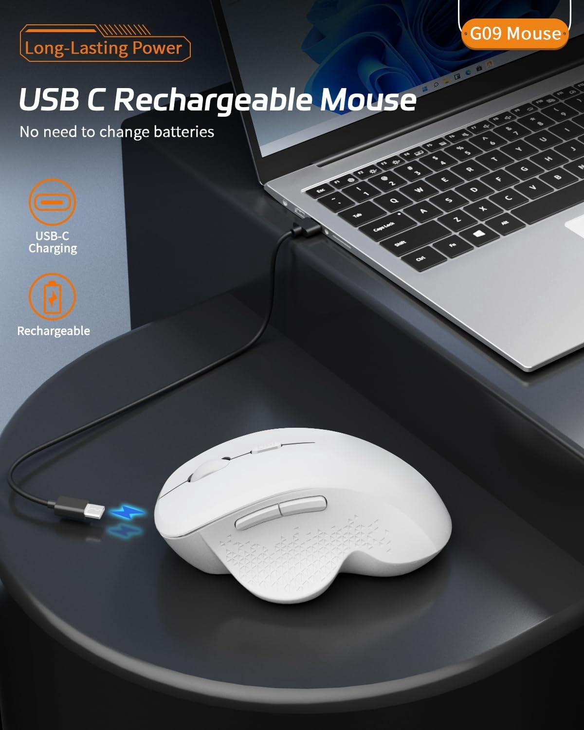 G09 Bluetooth Wireless , BT5.1 & 2.4Ghz Rechargeable Computer with USB Receiver and Type C Adapter, Ergonomic Bluetooth Mice for Laptop, iPad, Mac - White