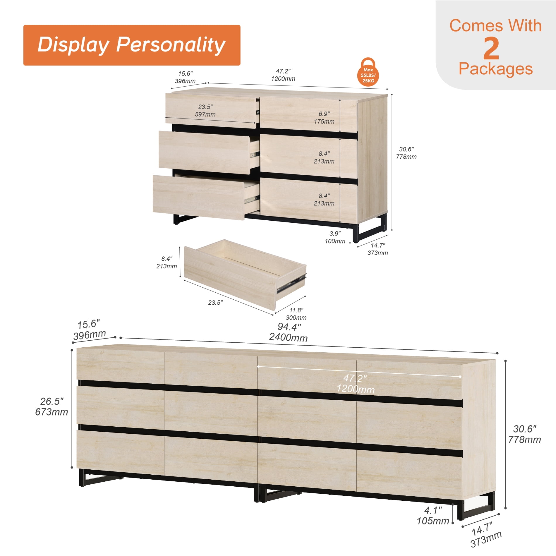 WAMPAT 12-Drawer Buffet Sideboard, Modern Large-Capacity Coffee Bar Cabinet with Smooth-Glide Drawers and Metal Base, Wooden Storage Organizer for Home, Beige