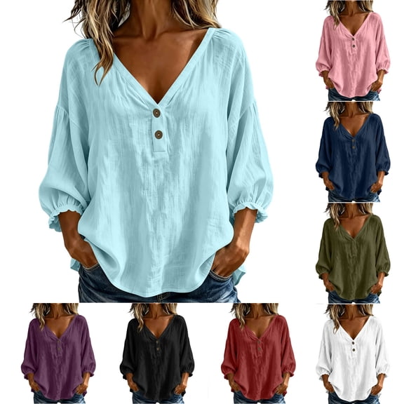 Women's Cotton Linen Tops Solid Color 3/4 Sleeves V Neck Shirts Casual Fall Winter Fashion Loose Fit Outfits