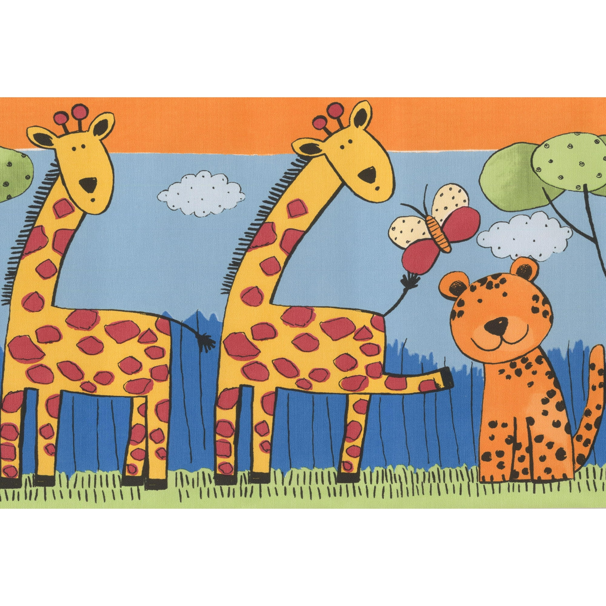 Giraffe Tiger Zebra Beige Yellow Orange On Blue Wallpaper Border For Kids Roll 15 X 9