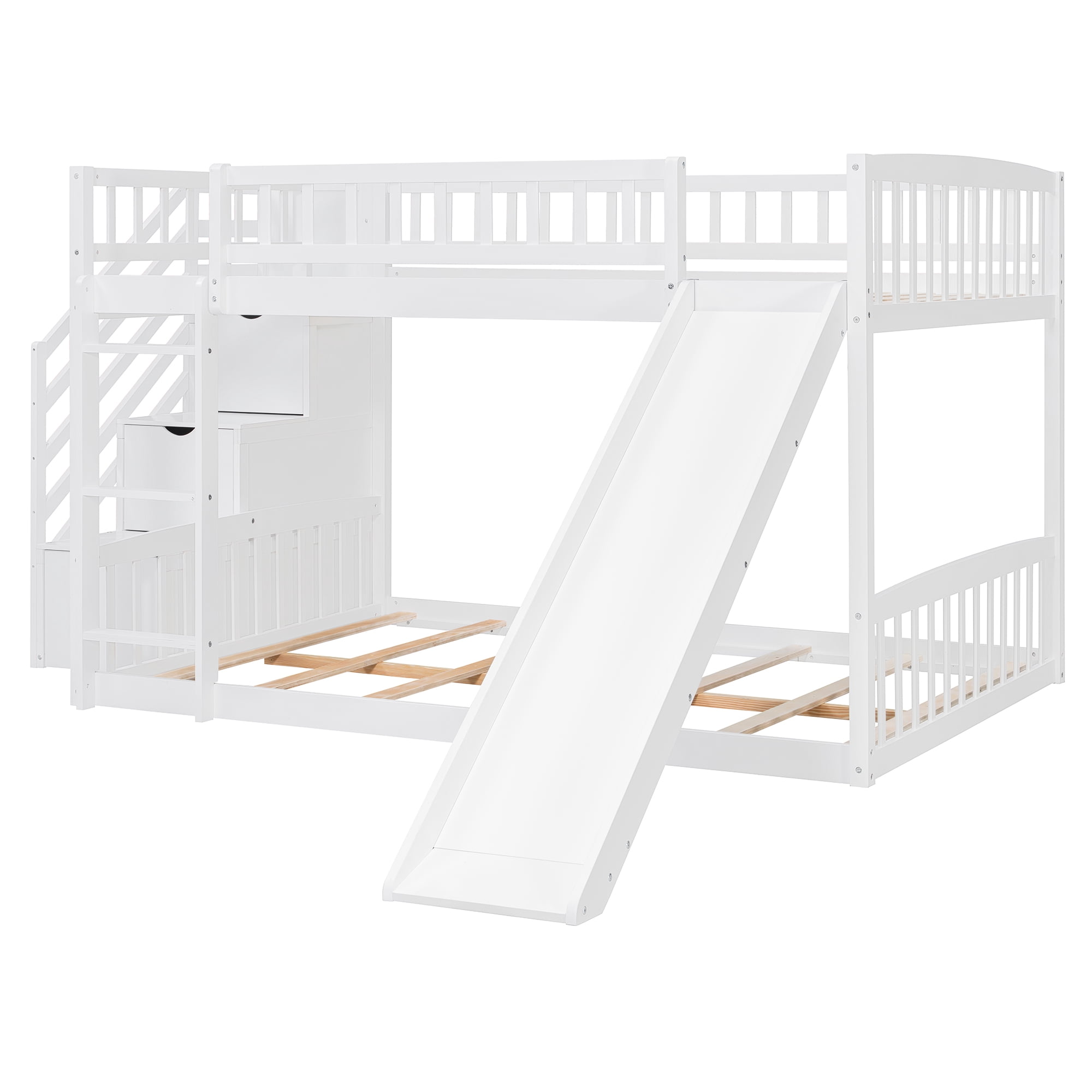 Mintazer Full Over Full Bunk Bed with Storage Staircase & Convertible Slide, Kids Bunk Bed Frame with Guardrails & Ladder, No Box Spring Needed, White