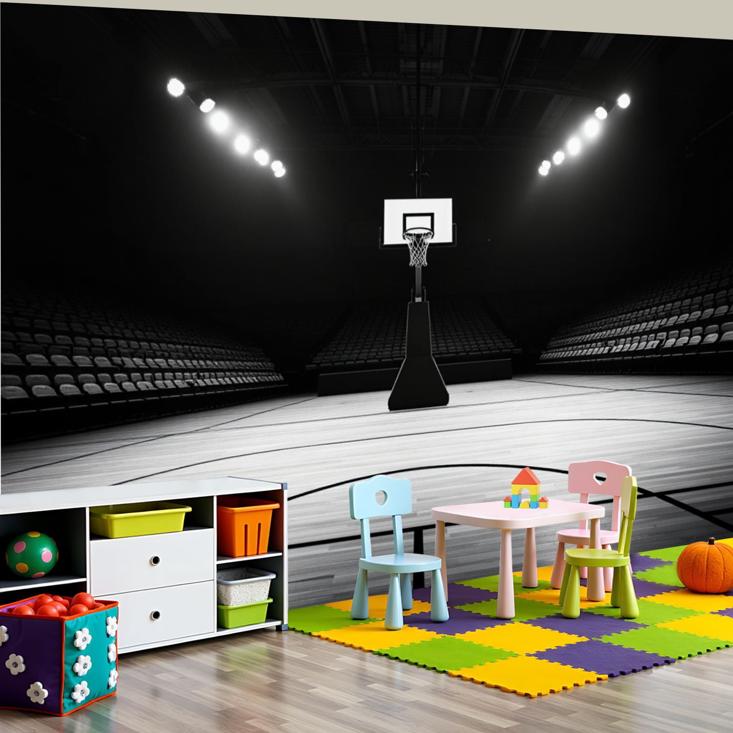 100"x144" Wall Mural Peel and Stick Wallpaper Black White Basketball Court Empty Wooden Floor Spotlights Wall Decor Self Adhesive Removable Wall Stickers for Bedroom Living Room