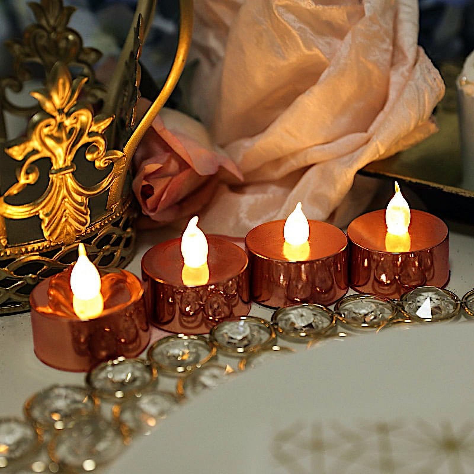 BalsaCircle 12 Metallic Rose Gold LED Battery Operated Tealight Candles Lights Wedding Centerpieces Decorations