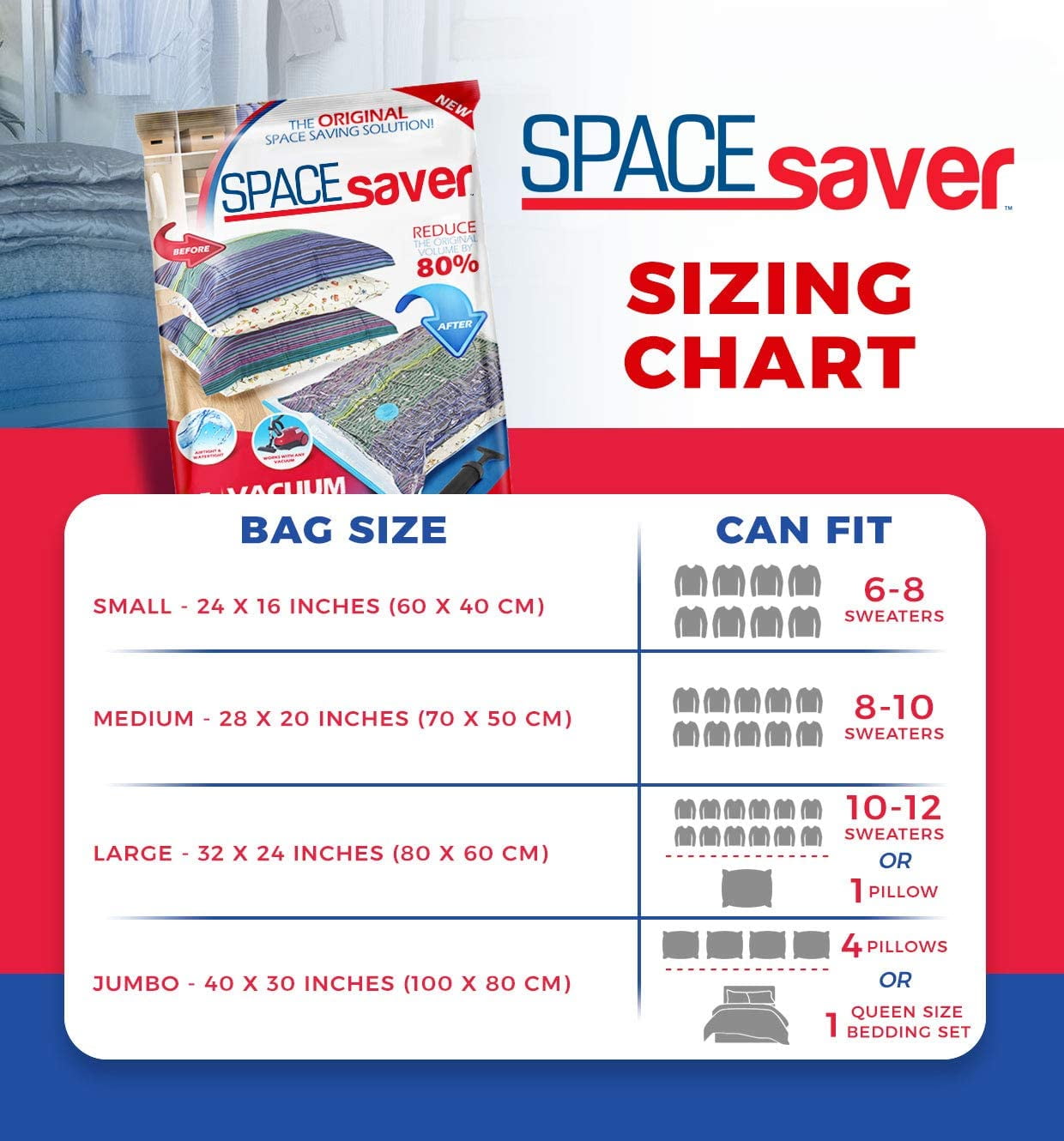 Spacesaver Premium *Jumbo* Vacuum Storage Bags (Works with Any Vacuum  Cleaner + Free Hand-Pump for Travel!) Double-Zip Seal and Triple Seal  Turbo-Valve for 80% More Compression! 