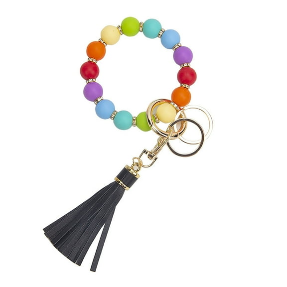 Silicone Beaded Bracelet Keychain Wrist Ornament Hand Chain with PU Tassel Key Ring for Women Men Accessory