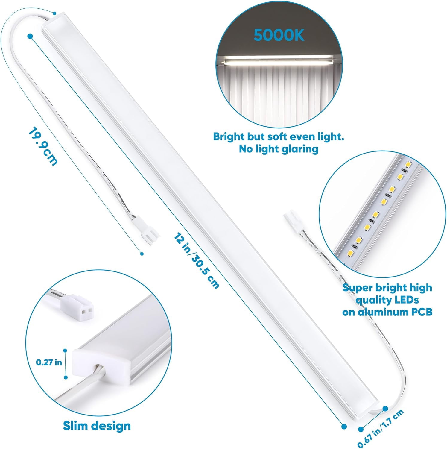 RGHJAR-Under Cabinet Lights Plug in, 3 pcs 12 Inches LED Light Strip Bars. Super Bright Dimmable Linkable for Kitchen Under Cabinets Shelf Work Space Desk Closet Lighting. Daylight 5000K