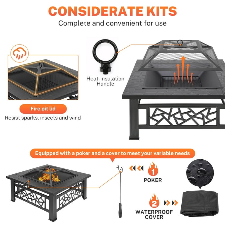 Outdoor Fire Pit Square Metal Firepit Backyard Patio Garden Stove Wood Burning Fire Pit W/Rain Cover, Black Outdoor Fire Pit Square Metal Firepit Backyard Patio Garden Stove Wood Burning Fire Pit W/Rain Cover, Black