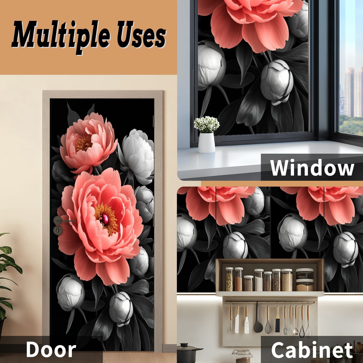Self Adhesive Vinyl Refrigerator Wrap Set Peony Flower Pink Petals Yellow Stamen Gray Leaves Black Door Mural Removable Fridge Sticker Peel and Stick&nbsp;Full Door Cover Decal Kitchen Bar Decor