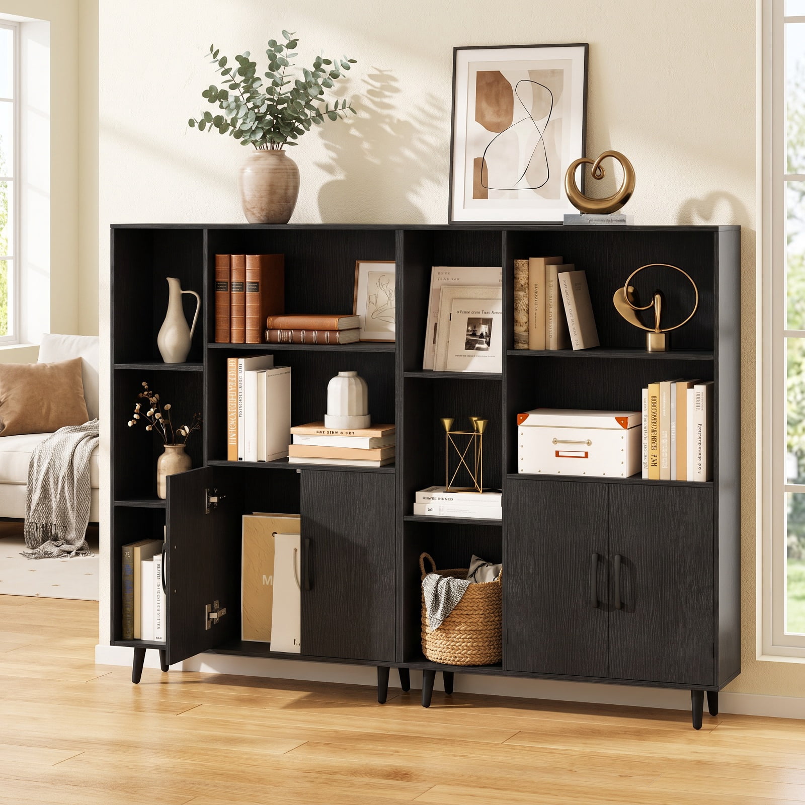 Furnibear 4 Inch Floor Bookshelf with 5 Open Compartments and Storage Cabinet for Living Room Home Office Bedroom Display Storage Shelf, Black