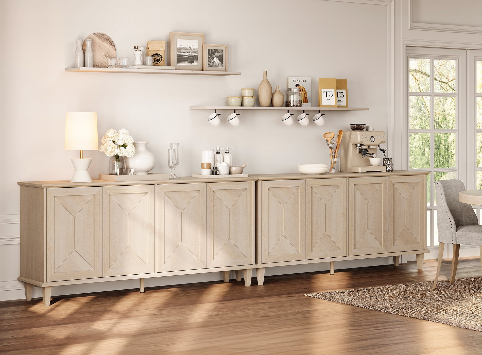 WAMPAT Pop-Up Design Farmhouse Sideboard Credenza with Handcrafted Patchwork Doors,130-inch Large Double Unit Buffet Cabinet with Massive Storage for Dining Room, Kitchen, Light Oak