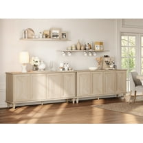 WAMPAT 130-inch Large Double Unit Buffet Cabinet with Handcrafted Patchwork Doors, Pop-Up Design Farmhouse Sideboard Credenza with Massive Storage for Dining Room, Kitchen, Light Oak