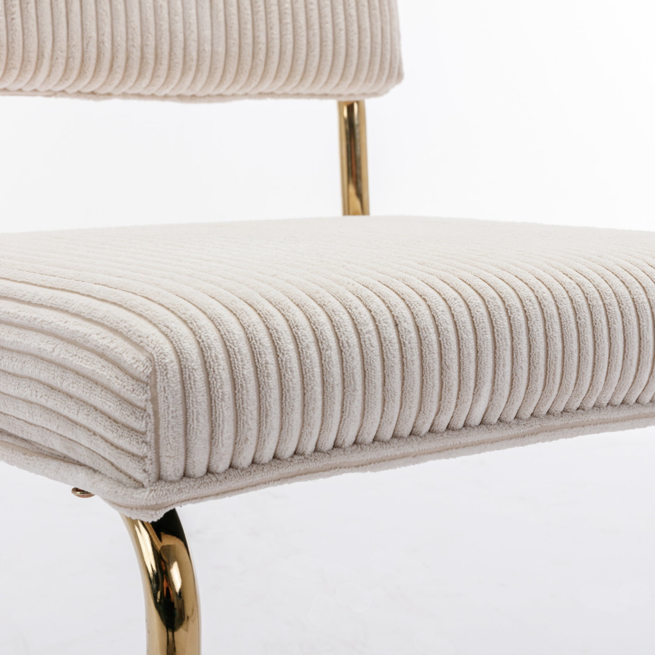 Seraphine Modern Upholstered Corduroy Dining Chairs with Channel Tufting, Gold Metal Frame, Beige + Gold, Set of 2