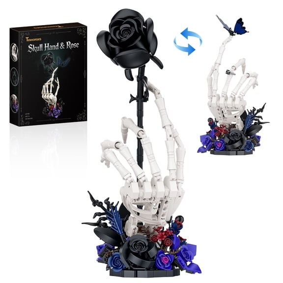 Skull Hand Rose Building Block Set, 2-in-1 Gothic Flower Model with Butterfly, 453Pcs Home Display Decor, Holiday Birthday Gifts for Adults