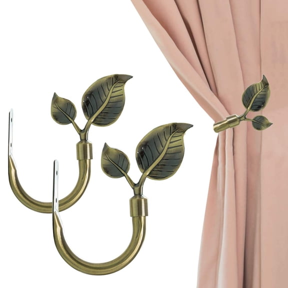 Leaf Shaped Curtain Holdbacks 2pcs, Handmade Metal Curtain Side Holders for Wall, Curtain Tieback Hook Pull Backs for Drapes Window Home Decoration (Antique Brass)