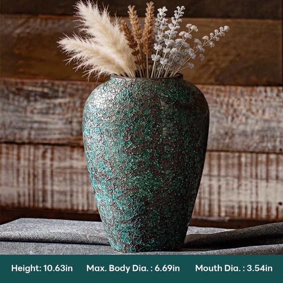 Rustic Textured Ceramic Vase | 11.0" Tall Decorative Flower Vase for Home Decor, Living Room, Entryway | Two-Tone Bronze & Dark Green, 3.9" Opening