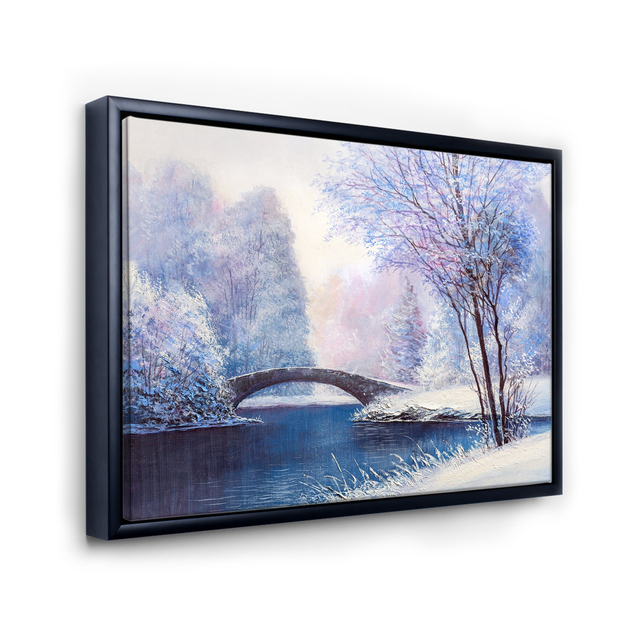 Bridge Of Meandering River With Winter Scenery III 20 in x 12 in Framed Painting Canvas Art Print, by Designart
