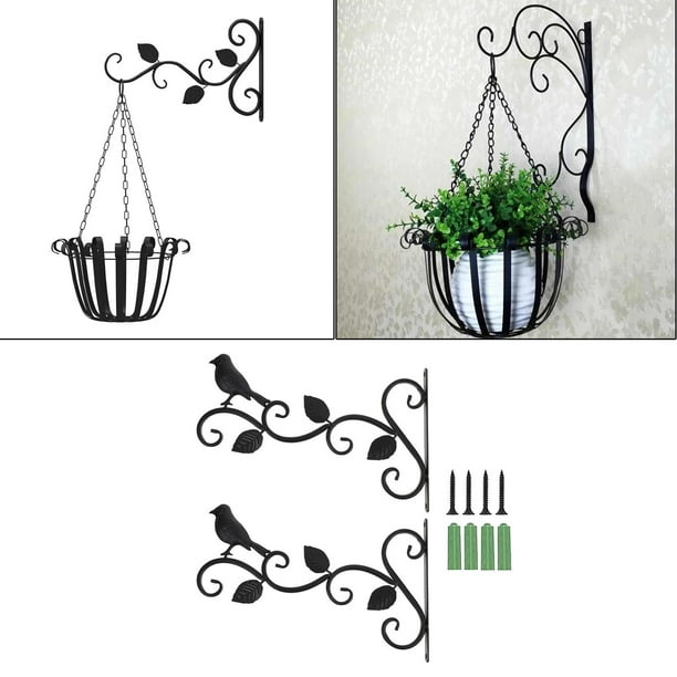 2 Pcs Black Wall Hanging Baskets Hooks Iron Plant Hooks Hanger Stand  7.3Inch with Screws for Outdoor Garden Backyard Home Decoration