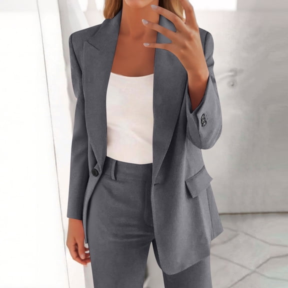Xuniizn Women's Business Suits, Long Sleeve Open Button Pocket Solid Color Formal Office Blazer and Slim Pants, Soft Comfortable Elegant Workwear Casual Matching Sets, S-5Xl